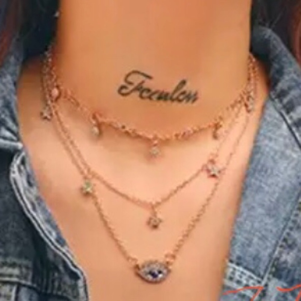 Celestial 3-Tiered Evil Eye Star Boho Necklace Gold Tone Chain 16 Inch